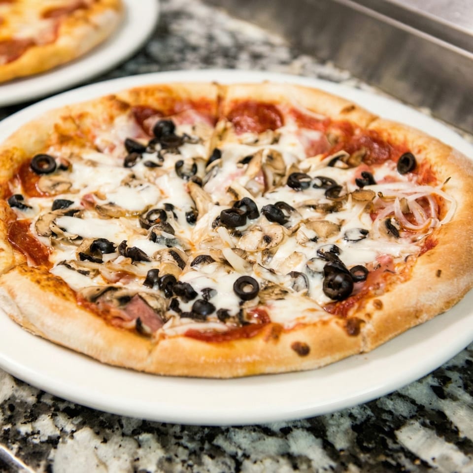 A freshly baked pizza with black olives, mushrooms, and pepperoni on a white plate.