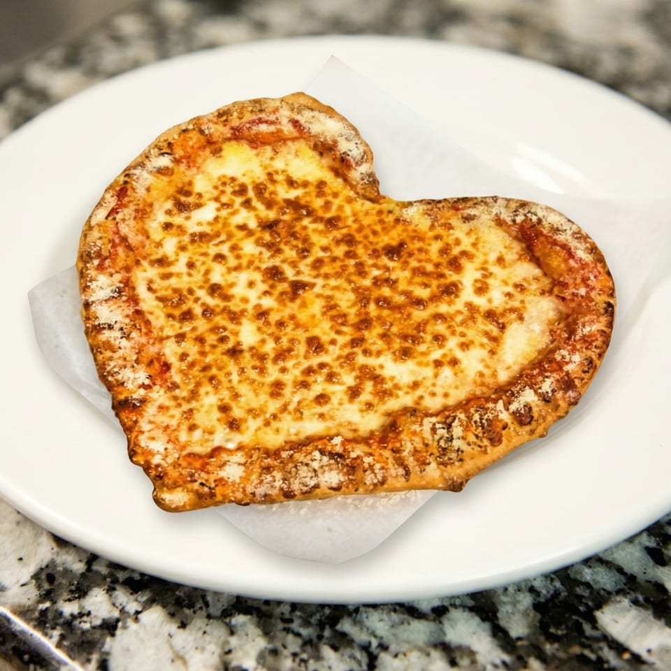 Heart-shaped cheese pizza with a golden-brown crust, served on a white plate.